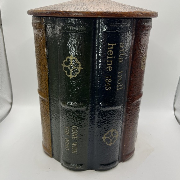 Other - Vintage Wooden Round Storage Container Book Theme Lid 9 X 8"